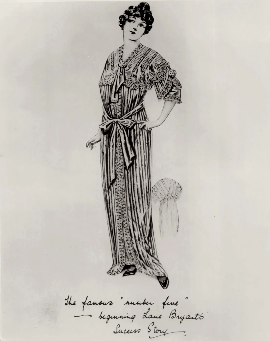 The original illustration of the famous "No. 5" gown — the start of Lane Bryant.